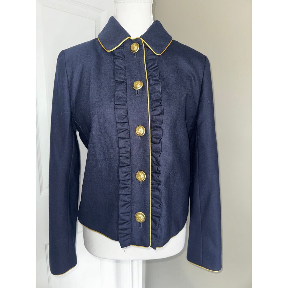 J.Crew Navy Gold Wool Blend Ruffle Military Lady Lined Blazer Jacket Nautical  8